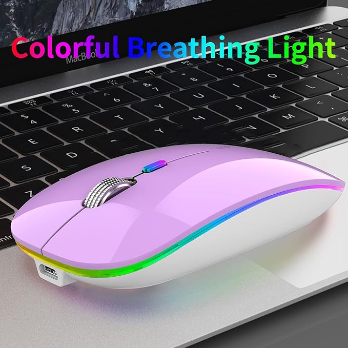 Uiosmuph LED Wireless Mouse, G12 Slim Rechargeable Silent Mouse, 2.4G Portable USB Optical Wireless Computer Mice with USB Receiver and Type C Adapter (Purple)