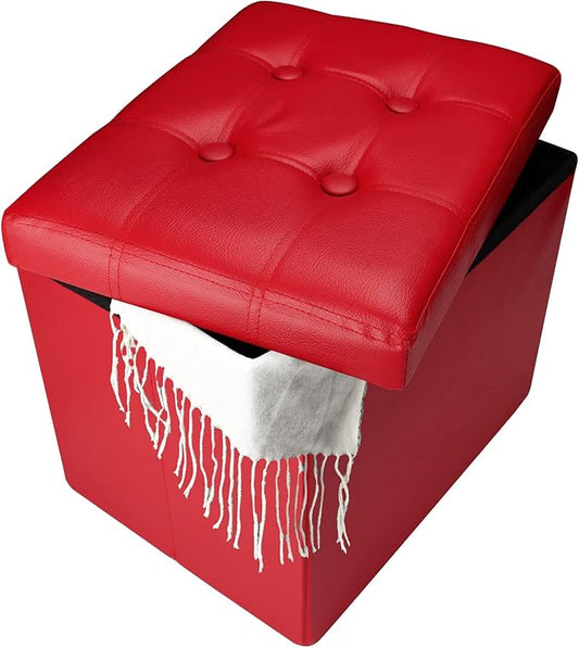 Bsketa Storage Ottoman, Folding Foot Stool with Thicker Foam Padded Seat Small Leather Storage Ottoman Bench Foot Rest for Living Room Foldable Coffee Table 17x13x13in,Red