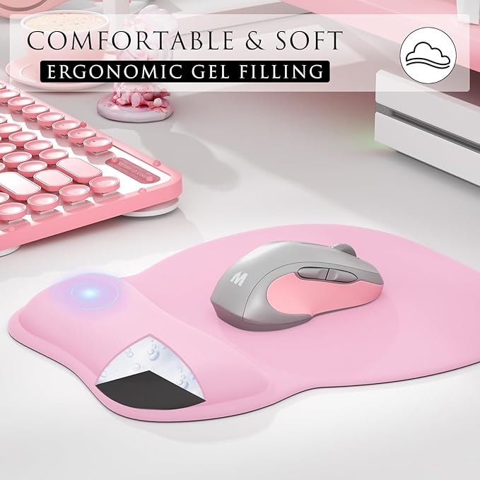 MROCO Ergonomic Mouse Pad with Gel Wrist Rest, Smooth Wrist Support Surface, Non-Slip PU Base for Pain Relief, Comfortable Mousepad for Computer, Laptop, Office & Home, 9.4 x 8.1 in, Pale Pink