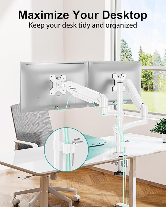 Dual Monitor Stand for 2 Screens up to 32 inch, Vertical Stacked Dual Monitor Mount, Full Motion Adjustable Tall Double Monitor Desk Mount, Each Arm Holds 4.4-22lbs, VESA 75/100mm, White, Freelift