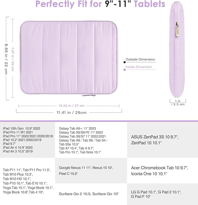 MoKo 9-11 Inch Tablet Sleeve Case, Portable Puffy iPad Bag Fit with New 11-inch iPad Pro M5/iPadAir M4 2026/iPad A16, iPad 10th/Air 5/4th 10.9, 9/8/7th 10.2, Tab S8/S9 11, Light Purple