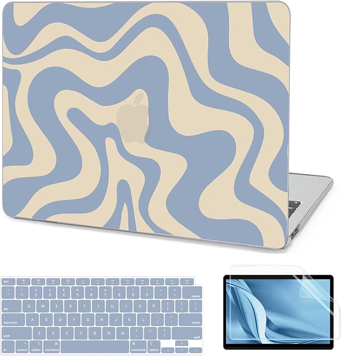 AKIT Compatible with MacBook Air 13 Inch Case 2022-2020 2019 2018 M1 A2337 A2179 A1932, Uniqu Pattern Laptop Hard Shell Case+Screen Protector+Keyboard Cover for MacBook Air 13.3 Inch 2020, Blue Wave