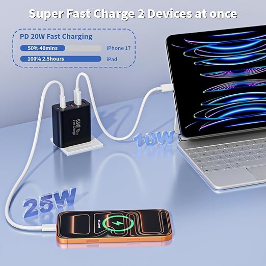65W USB C Charger Block,2Pack 6-Port Apple USB C GaN Charger Fast Charging PD Power Adapter+QC Wall Plug Multiport Type C Box Brick for iPhone 17 17Air 16 15 14 13 12 11 Pro Max XS,iPad,AirPods,Black