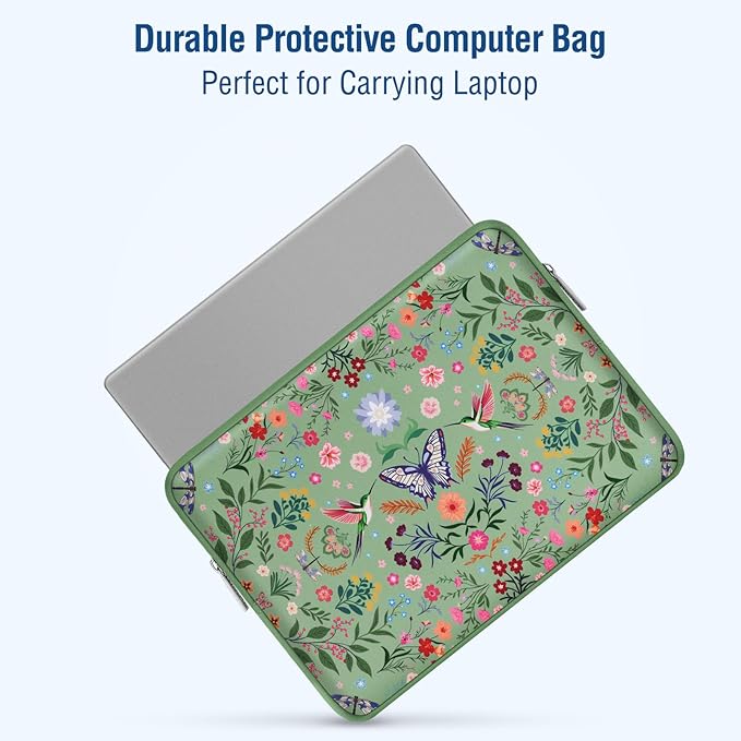 MOSISO Laptop Case 13.3 inch, 13-14 inch Laptop Sleeve Bag Compatible with MacBook Air/Pro 13/Pro 14, HP Dell Acer ASUS Lenovo, Neoprene Hummingbird Plants Flowers Computer Bag with Small Case, Green