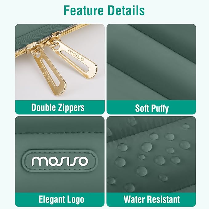 MOSISO Laptop Case 13.3 inch,13-13.3 inch Puffy Laptop Sleeve Compatible with MacBook Air 13.6 M5 M4 M3 M2 M1/Neo/Pro 13/14,HP Dell ASUS Lenovo,Polyester Horizontal Bag with Small Case,Emerald Green