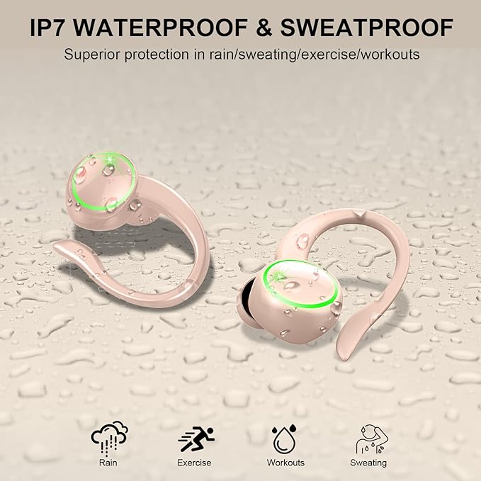Wireless Earbuds, Bluetooth 5.4 Headphones Sports, 50H Playback Over-Ear buds with ENC Noise Cancelling Mic, Deep Bass Fitness Earphones with Earhooks, IP7 Waterproof Headset for Running Workout Pink