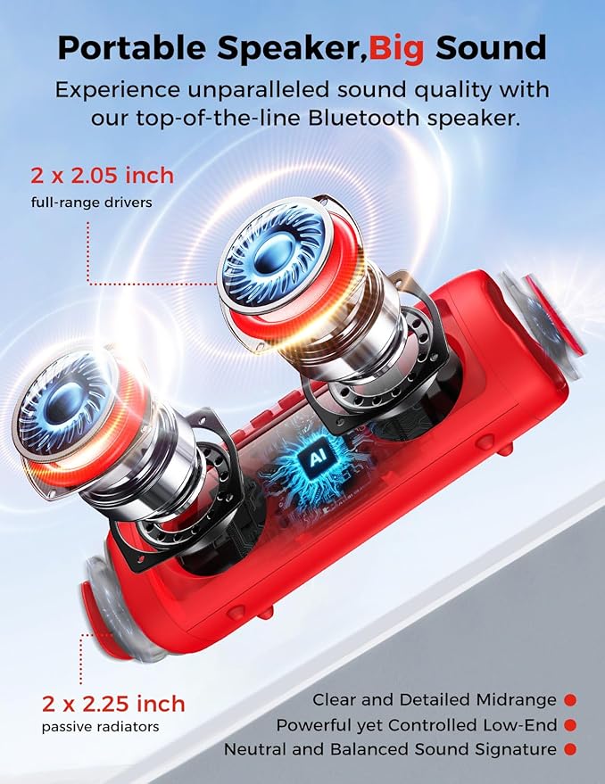 Bluetooth Speaker with HD Sound, Portable Wireless, IPX5 Waterproof, Up to 20H Playtime, TWS Pairing, BT5.3, for Home/Party/Outdoor/Beach, Electronic Gadgets, Birthday Gift (Red)