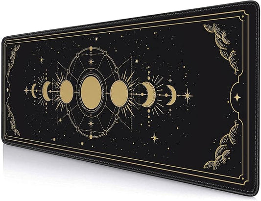 Moon Phases Large Mouse Pad, Celestial Moon Cycle Lunar Chart in Black and Gold Desk Pad, Stars in Space Horoscope Desk Mat, Mystical Astronomy Mouse Pads for Gamer Home&Office, 31.5x11.8 In