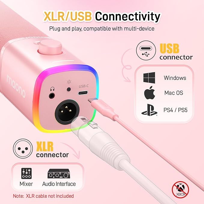 MAONO XLR/USB Gaming Microphone for PC, Dynamic Computer Mic for Streaming Podcasting, Noise Reduction, Mute, Volume Control, RGB Boom Mic for Vocal Recording,Voice-Over, PD100XS Pink