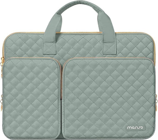 MOSISO 360 Protective Laptop Case 14 inch, 14 inch Laptop Sleeve Compatible with HP Lenovo Dell ASUS Acer, HP Stream, Dell Latitude, Square Quilted Bag Cover with 2 Pockets&Handle&Belt, Antique Green