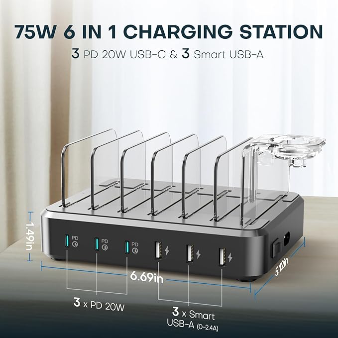 Charging Station for Multiple Devices,75W 6 Port Multi USB C Fast Charger Station with 7 Mixed Charging Cables,USB Charging Dock Compatible with iPhone, Samsung, iPad, Tablet and More