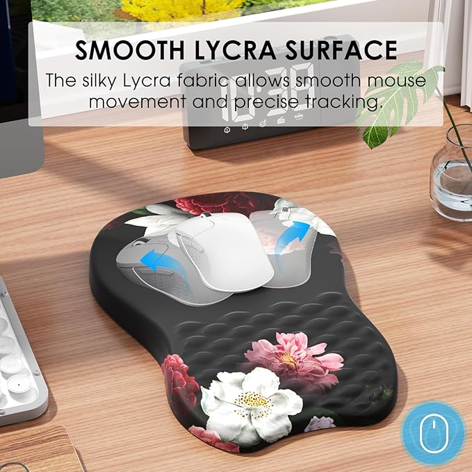 MROCO Ergonomic Mouse Pad with Wrist Support, Wrist Rest Mousepads for Carpal Tunnel Pain Relief, Memory Foam Pad with Massage Bulge and Non-Slip Base for Office, Home, Black Flower