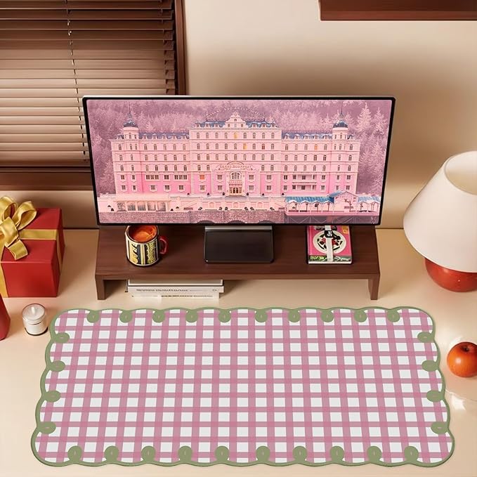 Cute Pink Green Scalloped Desk Mat Checkered Large Mouse Pad Kawaii Retro Cozy Vintage Cottagecore Aesthetic Office Desk Decor Stitched Nonslip Pad for Computer Keyboard & Mouse 31 * 15.7in