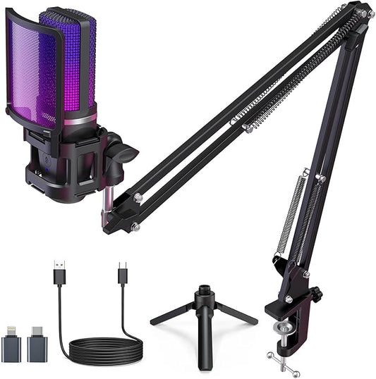 ZealSound Gaming Microphone, USB Mic for PC with Noise Cancellation, RGB, Mute, Gain Control, Zero-Latency Monitoring, Boom Arm, Tripod Stand & Pop Filter, for Mac, iPhone, Streaming, Twitch, YouTube