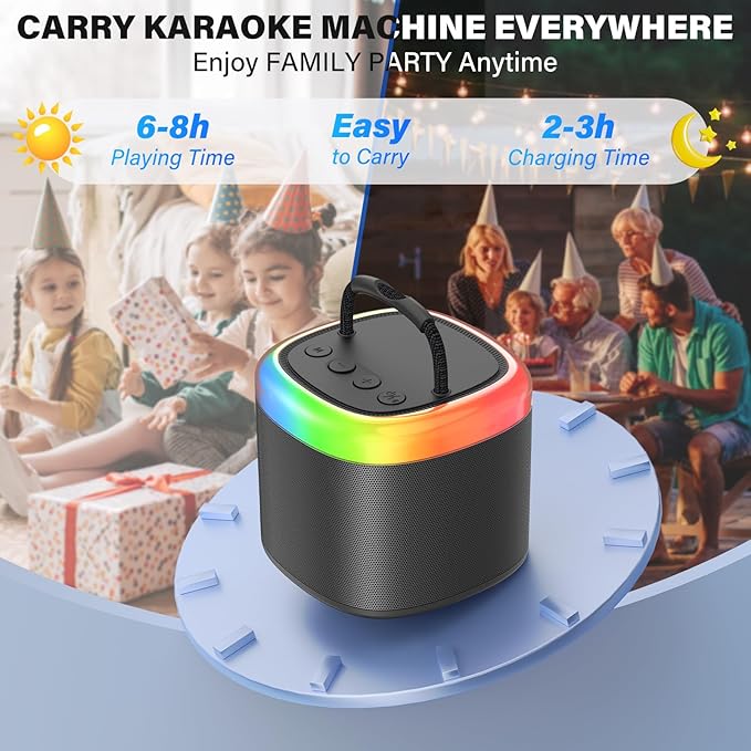JYX Mini Karaoke Machine for Kids - Black Bluetooth Speaker Unpowered Cabinets with Party Lights and 1 Wireless Microphone, Great for Adults, Ideal for Family Home Parties and Birthday Gifts