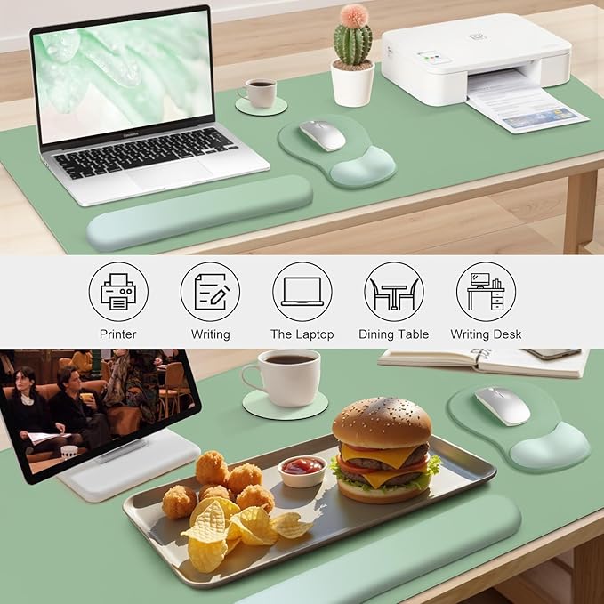 4-in-1 Large Gaming Mouse Pad, Keyboard Wrist Rest Pad & Wrist Support Mousepad Set, Extended Desk Pad Waterproof Desk Mat Protector for Home Office Decor Study Game 35.4×15.7 Inches I Sage Green