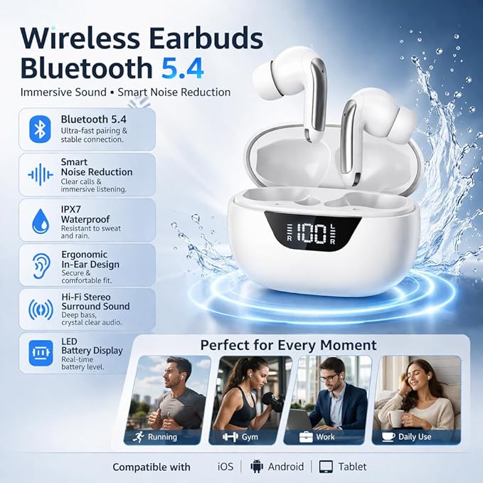 Wireless Earbuds Bluetooth 5.3, 48H Playtime LED Power Display, IPX7 Waterproof Stereo Earphones in-Ear Bluetooth Headphones Android IOS Noise Cancelling Mic for Sports,Phone,Tablet,Laptop(White)