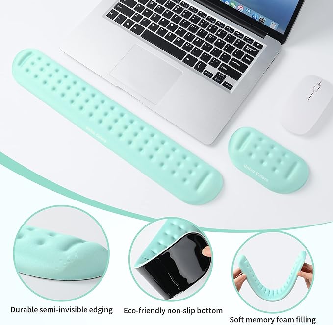 UnivoColors Turquoise Green Keyboard Wrist Support and Mouse Wrist Rest Set, Made of Memory Foam Soft Gel, Ergonomic Pad for Computer, Laptop, Mouse, Office, Gaming