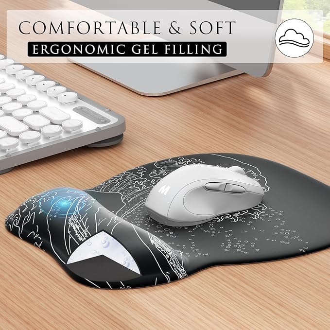 MROCO Ergonomic Mouse Pad with Gel Wrist Rest, Smooth Wrist Support Surface, Non-Slip PU Base for Pain Relief, Comfortable Mousepad for Computer, Laptop, Office & Home, 9.4 x 8.1 in, Kanagawa Wave
