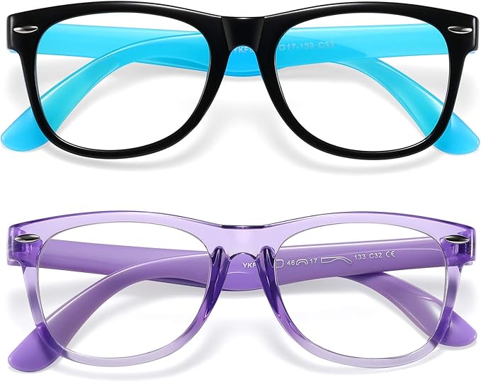 DYLB Kids Blue Light Blocking Glasses girls boys 2 pack, computer video gaming glasses for kids girls boys Age 3-10,Anti blue light & Headache (black blue + transparent purple)