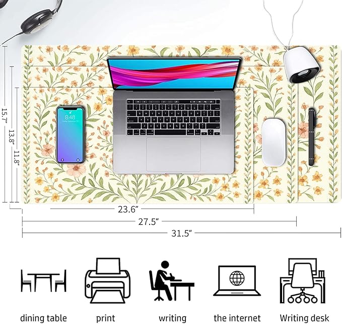 Large Mouse Pad, Beige Flowers Desk Mat for Desktop, Women Girls Flowers PU Leather Waterproof Desk Pad, Computer PC Laptop Protector Gaming Mouse Pads for School Office Home 31.5" x 15.7"