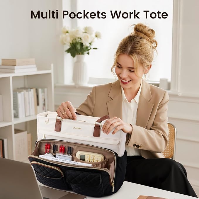 LOVEVOOK Tote Bag, Work Bags for Women with Large Cup Holder, Large Capacity Teacher Tote with Multi Pockets, Nurse Diaper Tote with Padded Laptop Compartment, 15.6 Inch Khaki Beige