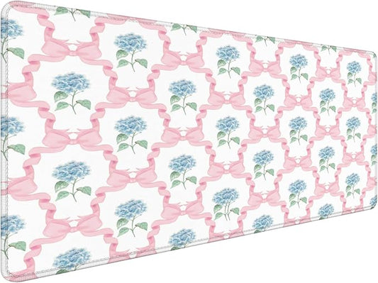 Blue Hydrangea Large Mouse Pad 31.5x15.7inch, Trendy Coquette Pink Bow Flower Aesthetic Large Extended Computer Desk Mat Mousepad for Keyboard and Mouse, Preppy Desk Accessories