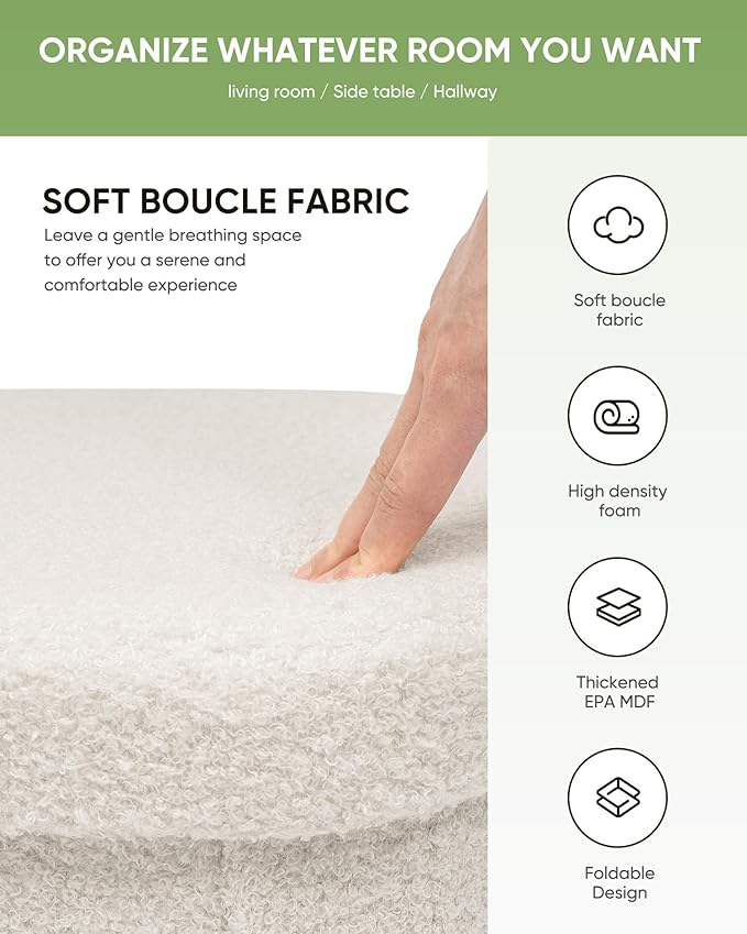 B FSOBEIIALEO Storage Ottoman Cube, Round Ottomans with Storage Foot Stool Footrest for Lving Room, Boucle Ottoman Seat for Dorm Room,Faux Teddy Fur, White 15"x15"x13.19"
