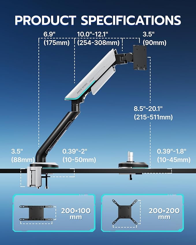 ARES WING Single Monitor Mount, Heavy-Duty Gaming Monitor Arm fits for 24"-57" Ultrawide Screen, Adjustable Computer Monitor Stand Holds Up to 60LBS with VESA Mount, Clamp & Grommet, White