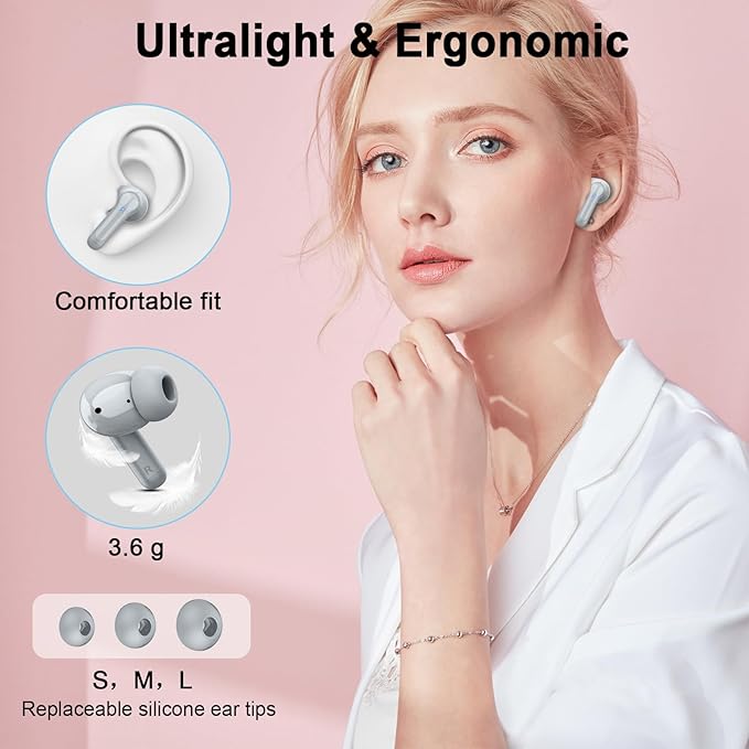 Wireless Earbuds, 2026 Bluetooth 5.4 Headphones 3D Bass Hi-Fi Stereo Ear Buds, 4 ENC Noise Cancelling Mic, 40Hrs USB-C in-Ear Earphones, IP7 Waterproof Workout Sport for Laptop Pad Android iOS, Grey