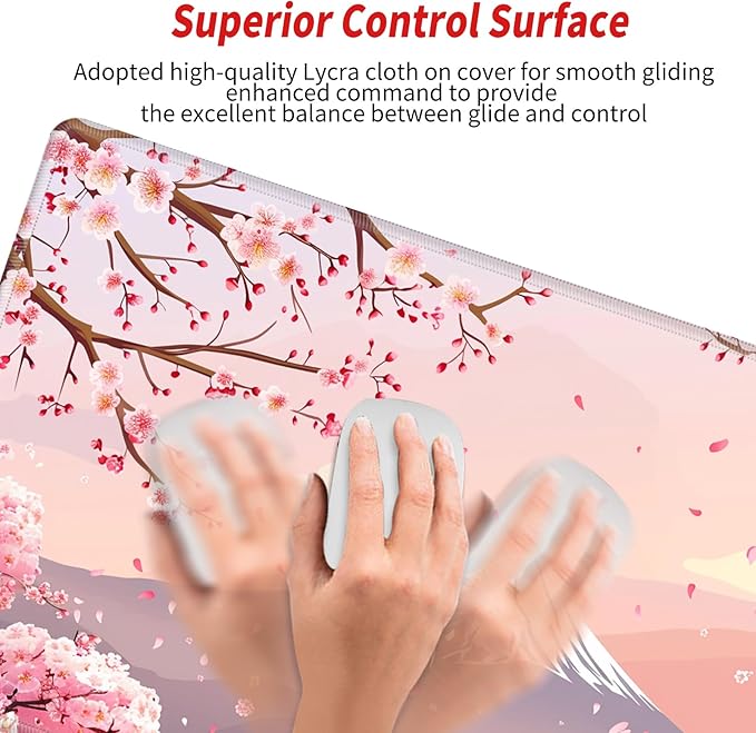 Gaming Mouse Pad Large Mousepad Cherry Blossom Desk Mat XXL Big Desk Pad 31.5x15.75 Rubber Base Pink Sakura Computer Pad with Stitched Edges Mouse Mat for Work Home Office