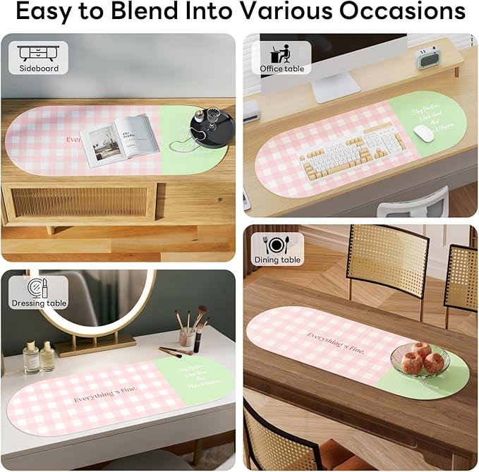 Checkered Pattern Desk Pad Protector, 35.5 x 13'' Aesthetic Mouse Mat for Desktop, Waterproof PU Leathe Non-Slip Desk Writing Pad for Office and Home, Pink and Green