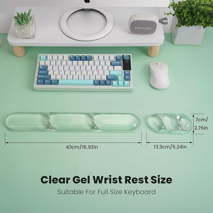 TECKNET Clear Gel Wrist Rest for Computer Keyboard, Ergonomic Gel Keyboard Wrist Rest Set for Typing Pain Relief, Comfortable Silicone Wrist Support Pad for Office/Computer/Laptop/Gaming, Transparent