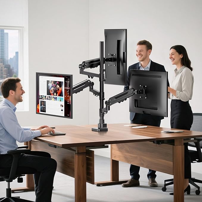Triple Monitor Mount for up to 35-inch Screens – Heavy Duty Ultrawide Stand with Fully Adjustable, 12kg Gas Spring Arm (Each), VESA 75×75/100×100 mm, Black
