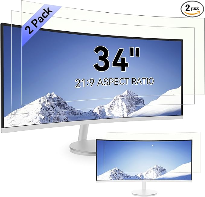 [2-Pack] 34 Inch Computer Blue Light Blocking Screen Protector for 21:9 Widescreen Curved Monitor, Anti Glare Anti-UV Eye Protection Desktop PC LED Monitor Filter, Removable Anti-Scratch Film 34in
