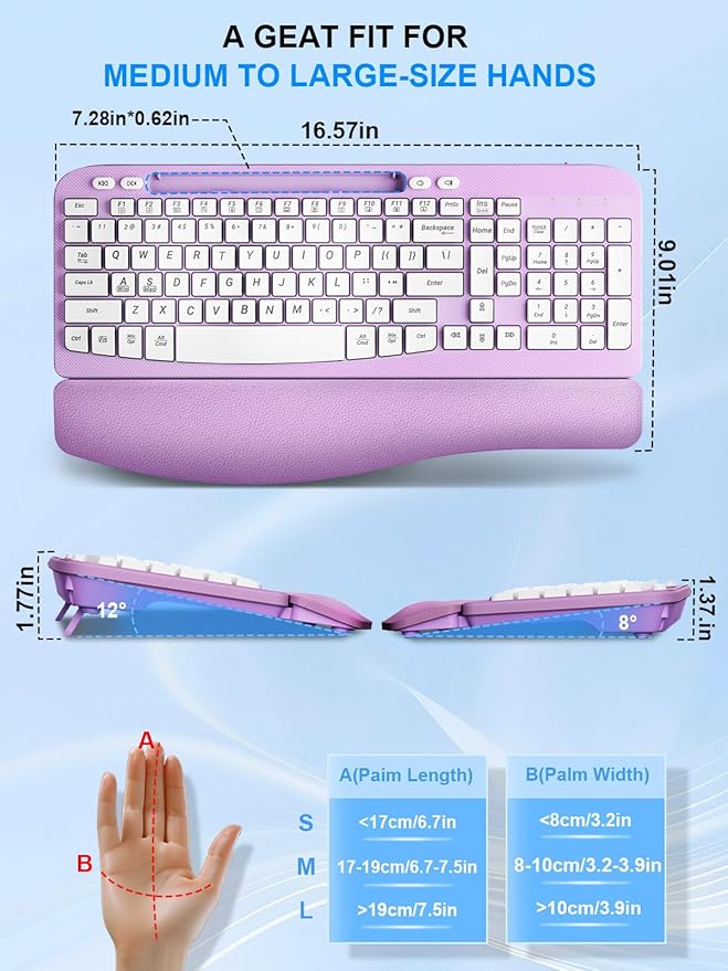 Wireless Keyboard and Mouse Combo, Wave Keys Computer Ergonomic Keyboard with Cushioned Plam Rest, Phone Holder, 2.4GHz Silent 6 Button Wireless Mouse Set for Laptop, PC, Windows, Mac (Purple)