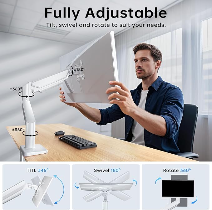 Single Monitor Stand for 13 to 32 inch Screens, Gas Spring Monitor Arm with Swivel, Tilt, Rotation, Height Adjustable, Desk Mount with C-Clamp and Grommet Base, Holds 4.4 to 19.8lbs Screen, White