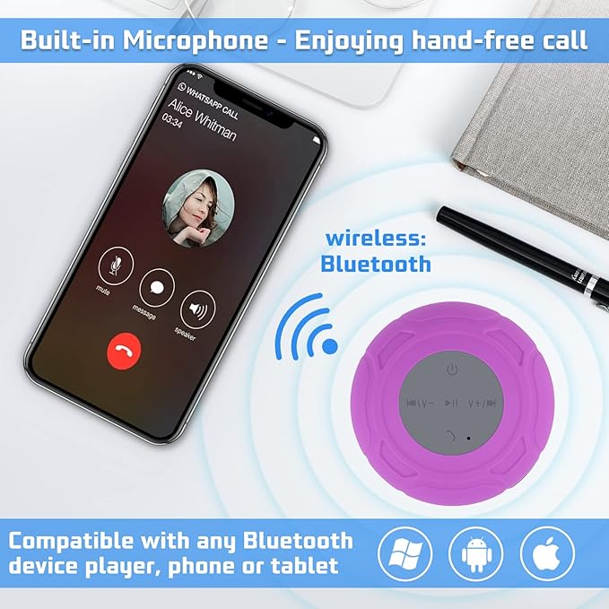 Bluetooth Shower Speaker Waterproof Portable Wireless Water-Resistant Speaker Suction Cup,Built-in Mic Speakerphone for iPhone Phone Tablet Bathroom Kitchen - Purple