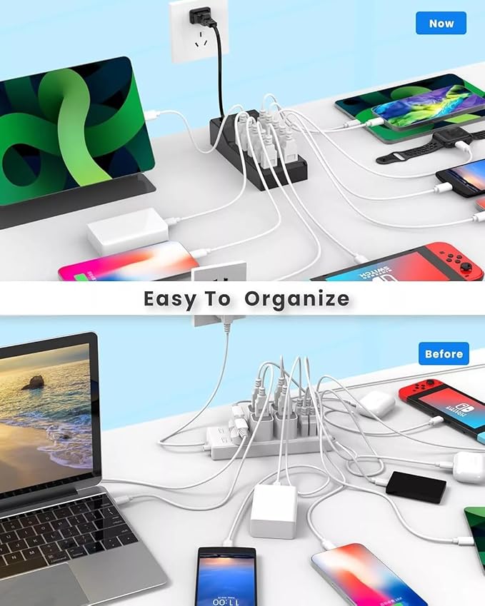 10-Port USB Charger Block, Multi USB Charging Station, for iPhone/iPad/Samsung Galaxy Note Tablet Android Smartphone Multi-Function Device, 50W10A Power Strip(BIack)