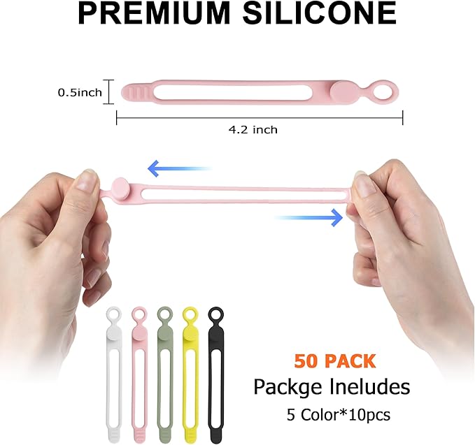 Nearockle 50Pcs Silicone Cable Ties Cord Organizer for Bundling Earphone, Phone Charger, Computer Cords, Reusable Cable Ties Wire Organizer in Home,Office,Kitchen,School (5 Colors) - Image 2
