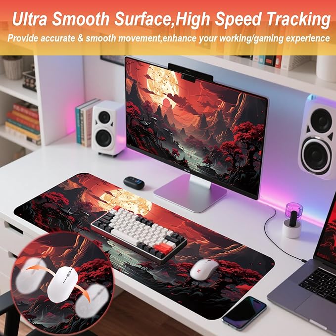 Gaming Mouse Pad 31.5x11.8 inch XL Large Extended Mouse Pad, Big Mousepad Desk Mat for Computer with Non-Slip Rubber Base and Stitched Edge-Red Moon