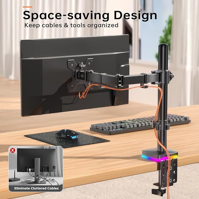 Afaloona RGB Single Monitor Stand, Monitor Arm with 3 USB Ports, Charging and USB Data Transfer Function, Adjustable Desk Mount for 13-27" Monitors up to 17.6lbs, VESA 75x75-100x100mm,Ergonomic Design