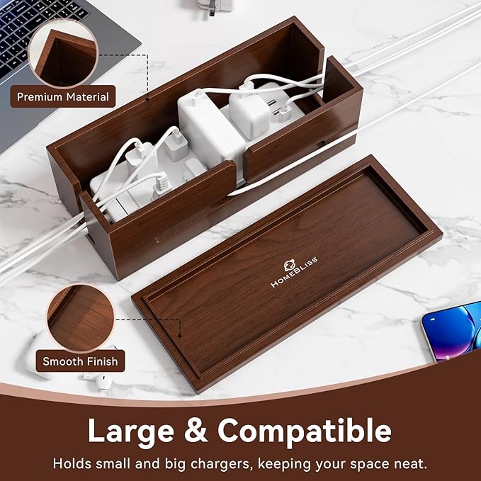 Large Cable Management Box-Stylish Wire Organizer, Wire Concealer and Wire Management Box-Wire Management Box with Protective Sleeve (Brown) - Image 2