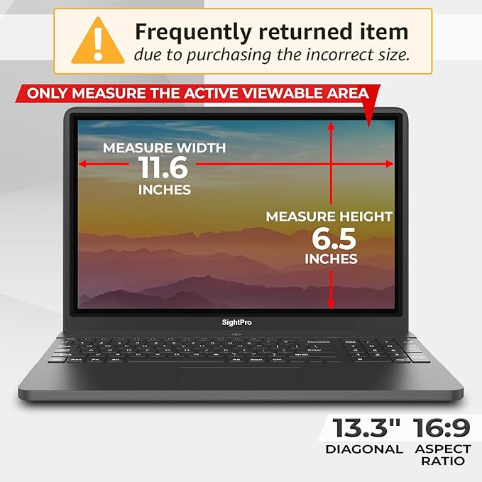 SightPro Magnetic Laptop Privacy Screen 13.3 Inch 16:9 - Patented Removable Laptop Privacy Filter Shield and Protector