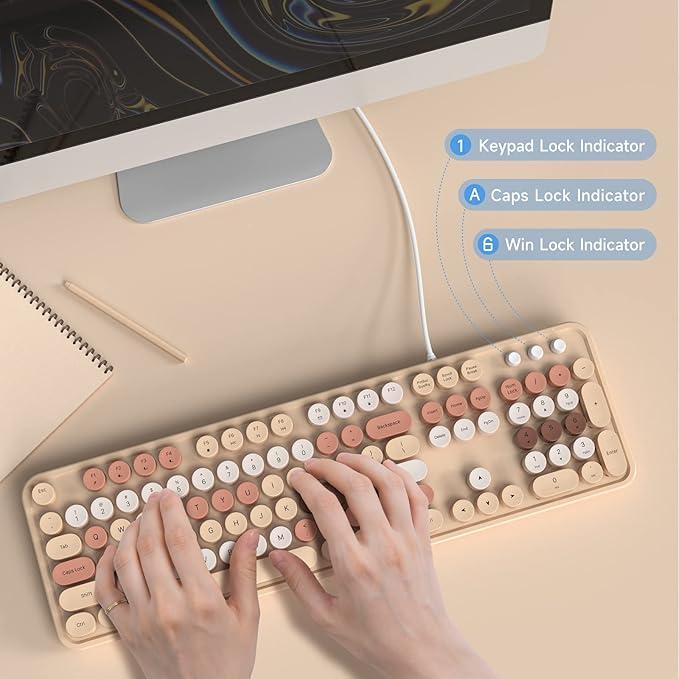 Wired Keyboard, 104 Keys Full-Sized Typewriter Keyboards, USB Plug and Play Office Keyboard with Number Pad, Caps Indicators, Foldable Stands for Windows, PC, Laptop, Desktop (Milk-Tea)