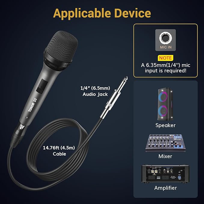 TONOR Professional Vocal Microphone for Singing, Dynamic Handheld Wired Karaoke Mic, Cardioid Studio Microfono with 450 cm/157inch XLR to 1/4" Cable, for Speakers/Mixer Machine/Amp/Speech/Karaoke, D5