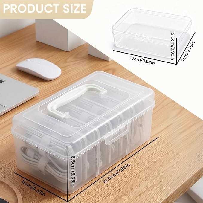 7 Case Portable Cable Storage Box with Handle and Label Stickers, Travel Cord Organizer for Charging Cables, USB Wires, Earphones – Drawer Organization for Home & Office
