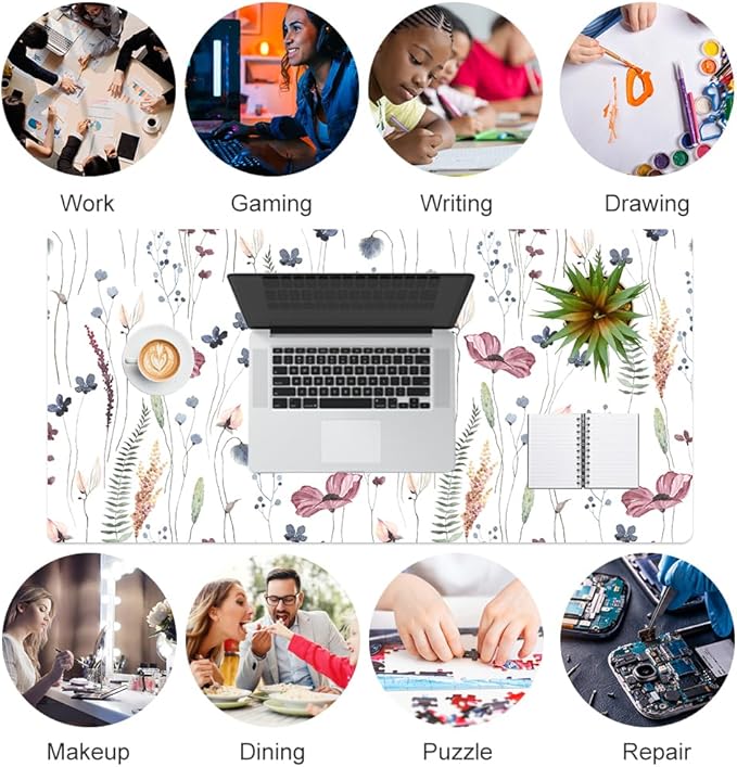 QIYI Large Mouse Pad, Cute Flower Desk Mat for Desktop, Women Girls Floral Office Décor Accessories, PU Leather Waterproof Big Gaming Mousepad, Wildflowers Desk Pad Computer Mat, 31.5" x 15.7"