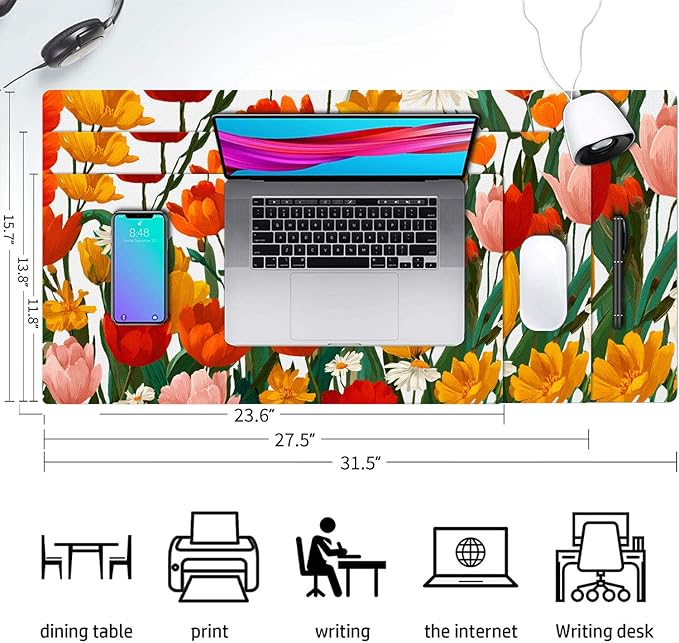 Large Mouse Pad, Red Floral Desk Mat for Desktop, Women Girls Flowers PU Leather Waterproof Desk Pad, Computer PC Laptop Protector Gaming Mouse Pads for School Office Home 27.5" x 13.8"