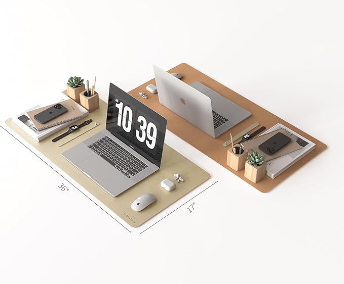RENMTURE Dual-Sided Large Desk Pad, Faux Leather Natural Cork Mouse pad, Desk Accessories Protector, for Office and Home Work (Golden,36"x17")